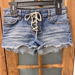 Billabong Jean Booty Shorts Women 25 Blue Lace Up Front Raw Hem Denim Cutoffs